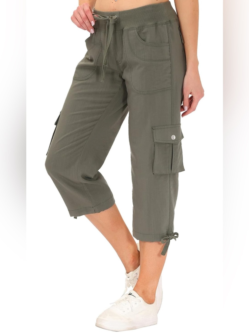 Women’s SZ M Cargo Capri with Tie Hem 3 colors Olive Green, Pink and Blue - Picture 2 of 8